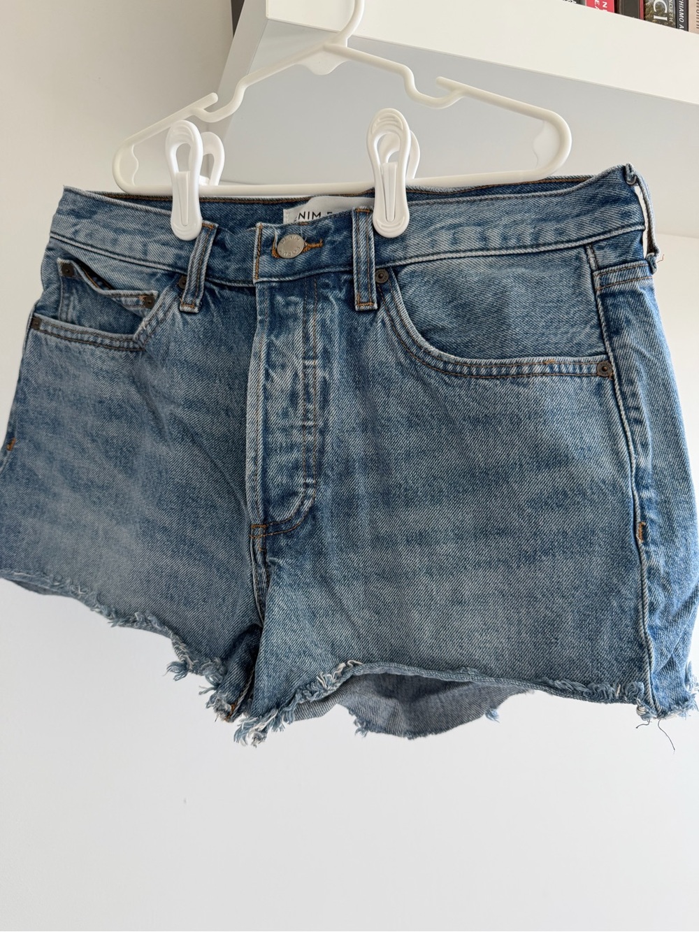 Aritzia Denim Forum High-Rise Frayed Hem Denim Shorts — Light Blue
